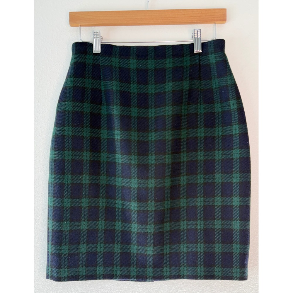 VTG 80s 90s St Michael Marks & Spencer Tartan Plaid Wool Pencil Skirt Navy Green